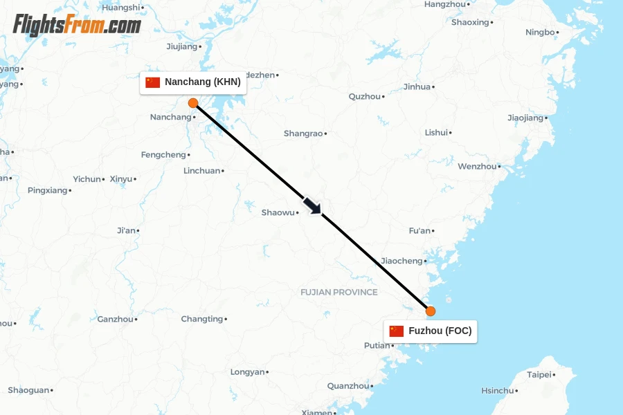 Flights from Nanchang to Fuzhou route map