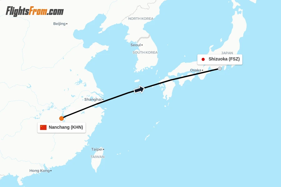 Flights from Nanchang to Shizuoka route map