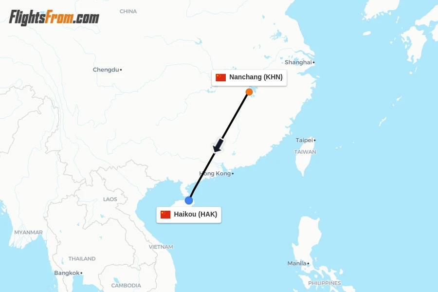 Flights from Nanchang to Haikou route map