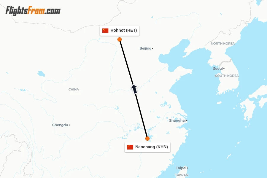 Flights from Nanchang to Hohhot route map