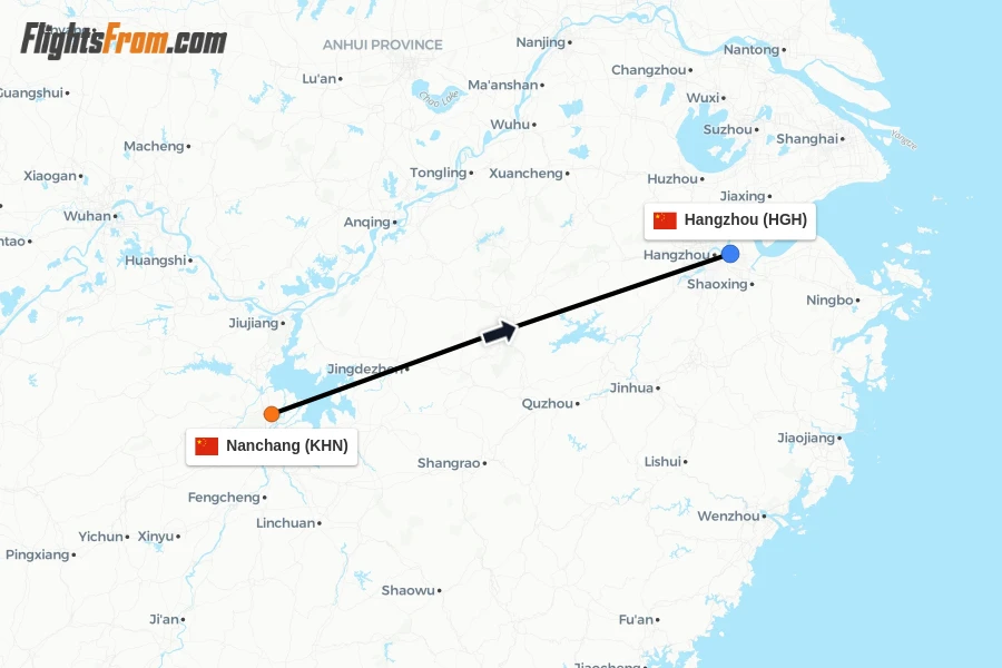 Flights from Nanchang to Hangzhou route map