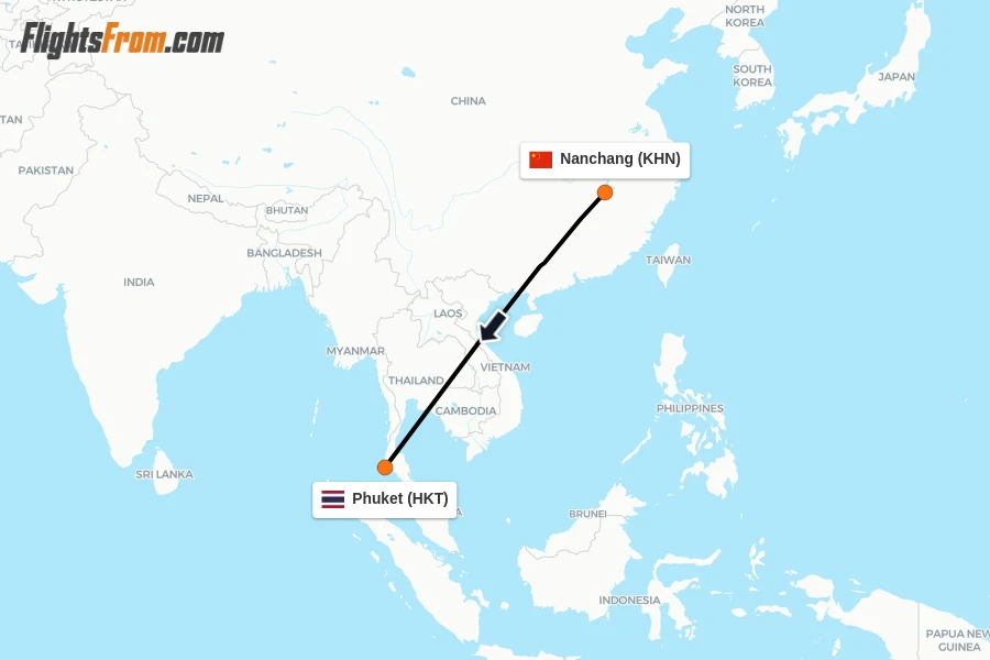 Flights from Nanchang to Phuket route map