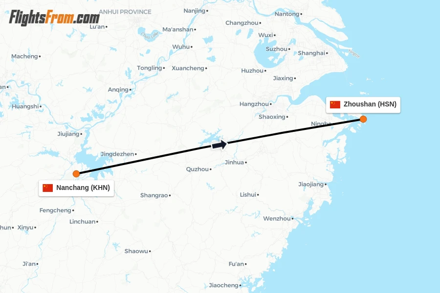 Flights from Nanchang to Zhoushan route map