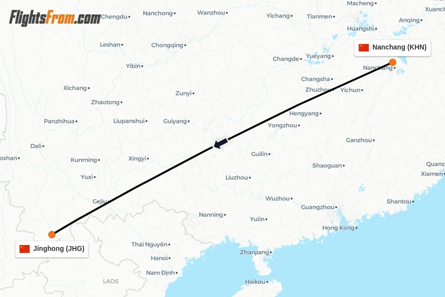 Flights from Nanchang to Jinghong route map