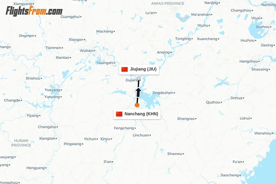 Flights from Nanchang to Jiujiang route map