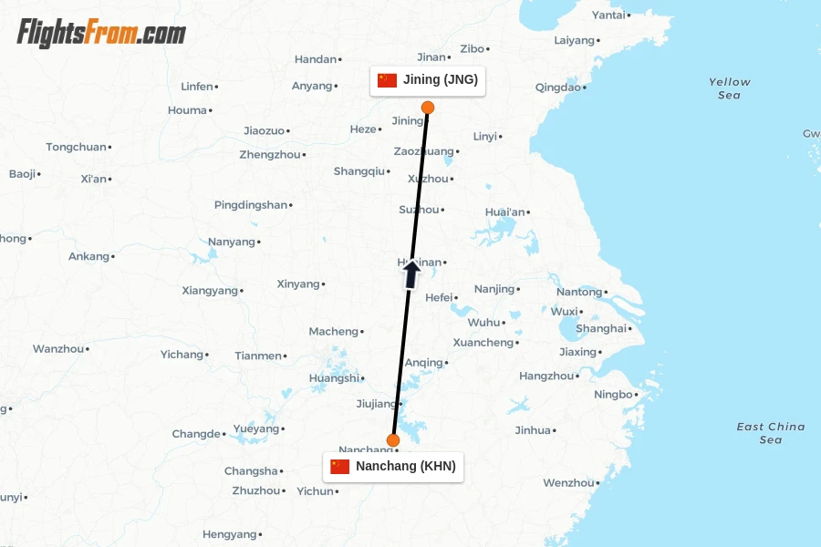 Flights from Nanchang to Jining route map