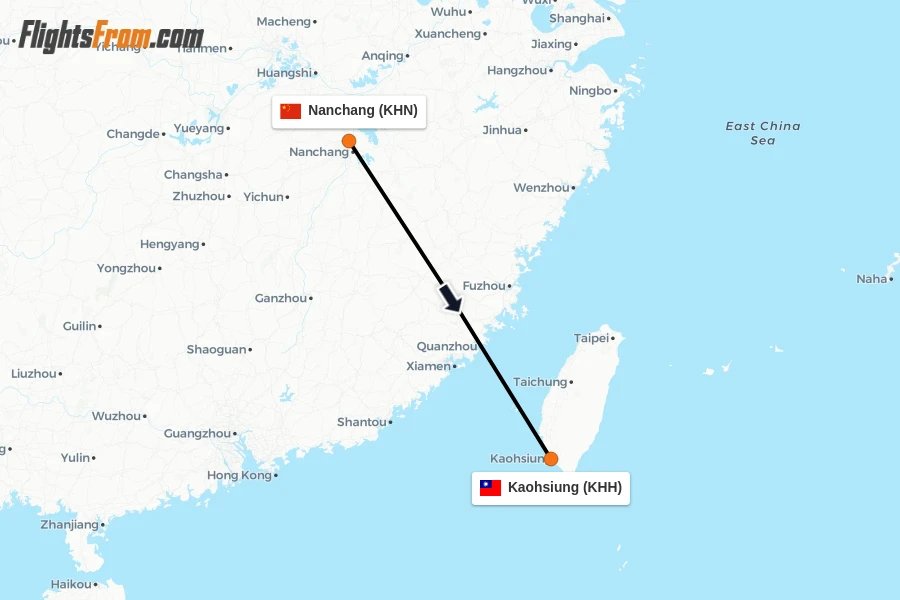 Flights from Nanchang to Kaohsiung route map