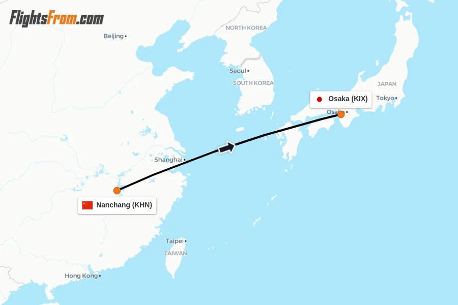 Flights from Nanchang to Osaka route map
