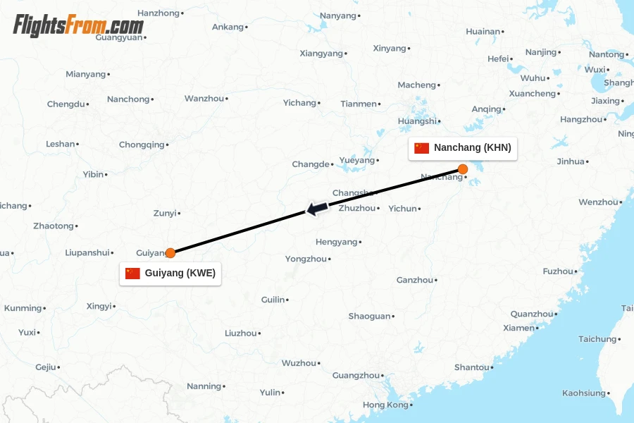 Flights from Nanchang to Guiyang route map