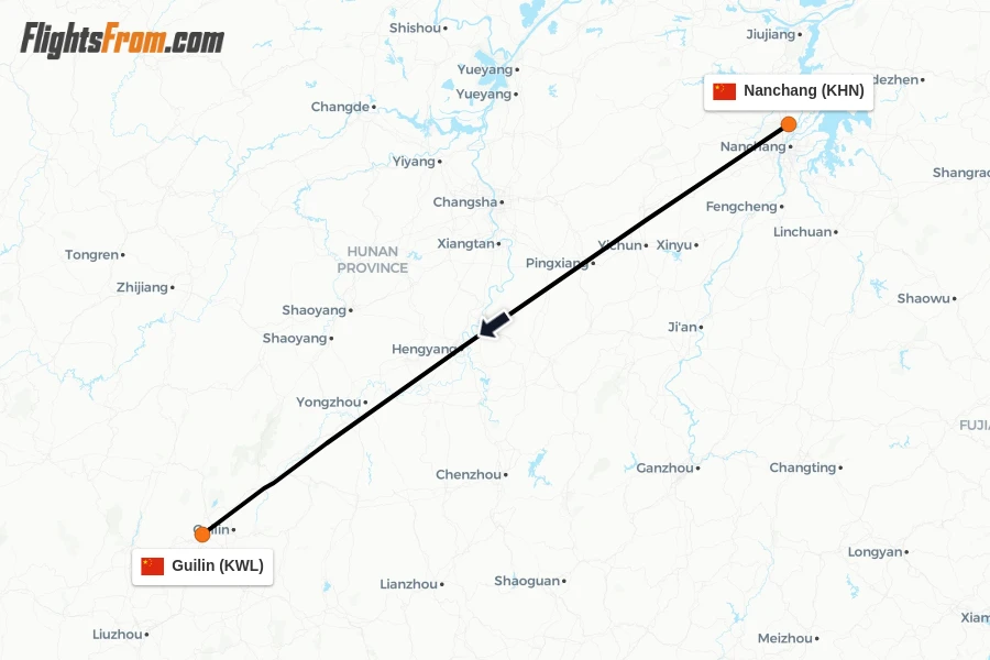 Flights from Nanchang to Guilin route map