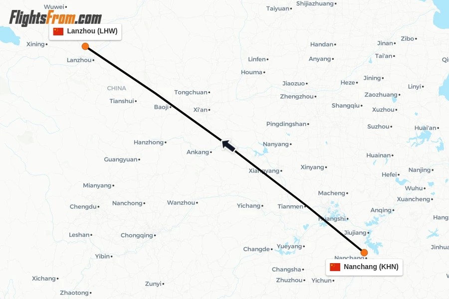 Flights from Nanchang to Lanzhou route map