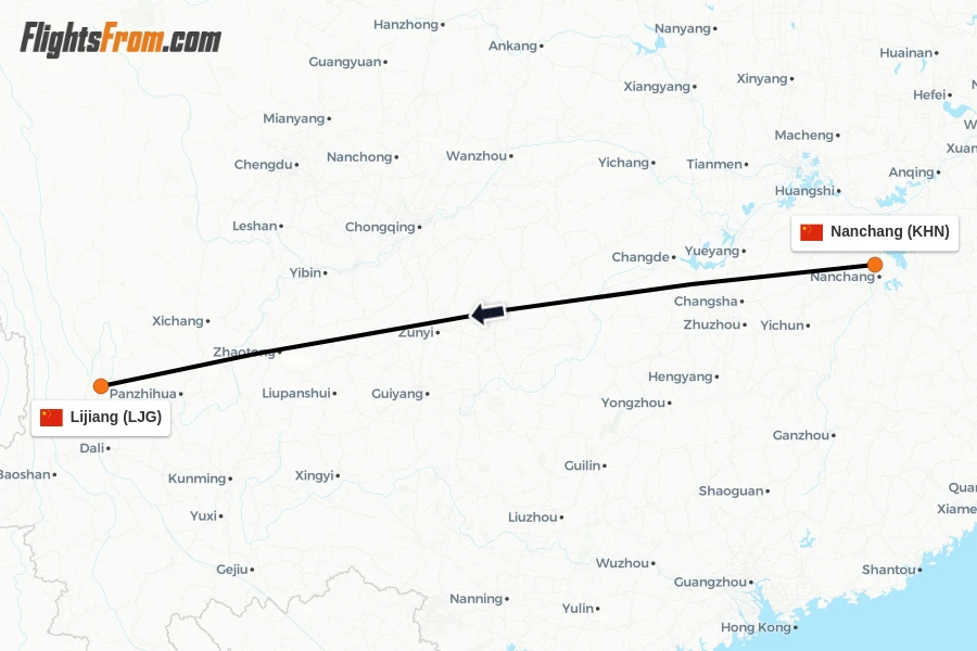 Flights from Nanchang to Lijiang route map