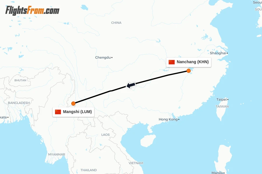 Flights from Nanchang to Mangshi route map
