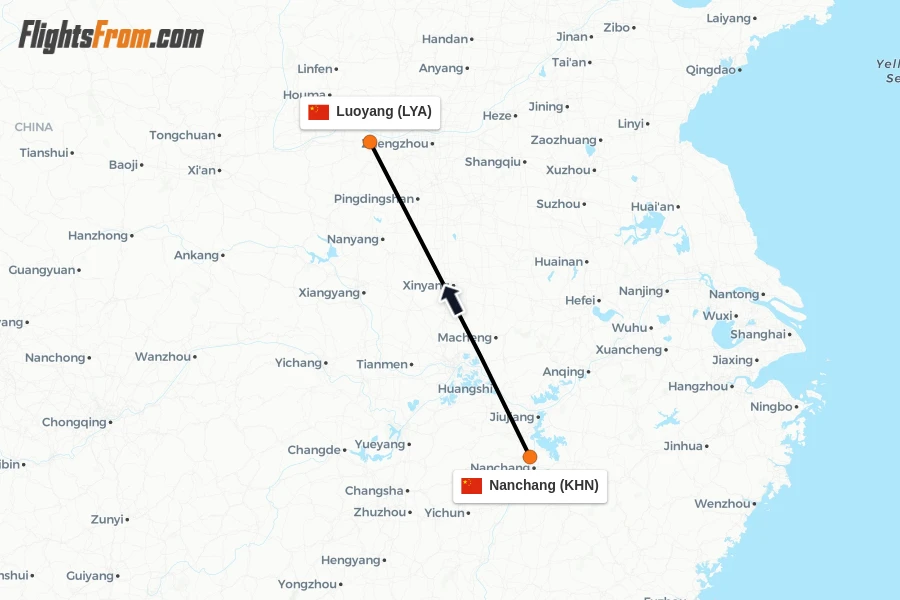 Flights from Nanchang to Luoyang route map