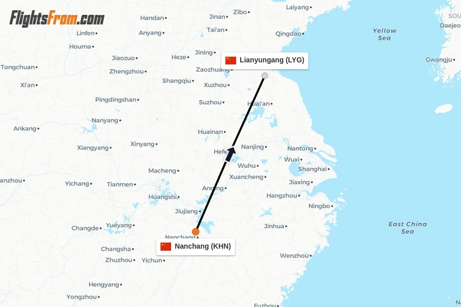 Flights from Nanchang to Lianyungang route map