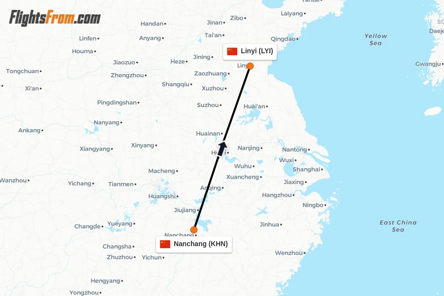 Flights from Nanchang to Linyi route map