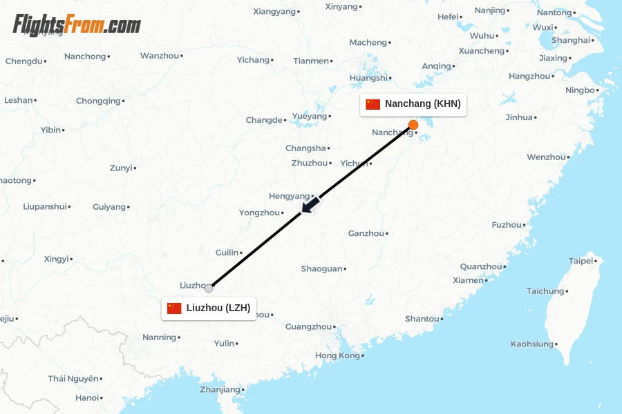 Flights from Nanchang to Liuzhou route map