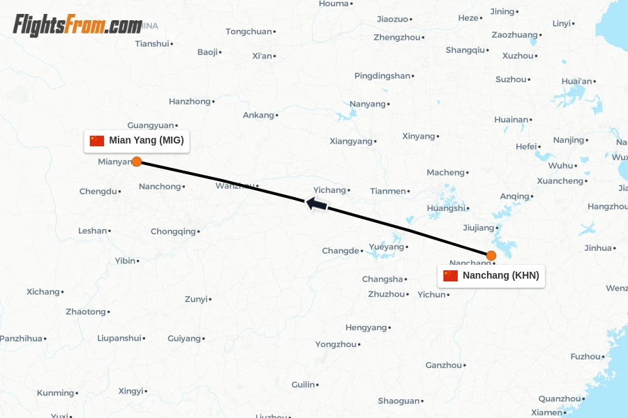 Flights from Nanchang to Mian Yang route map