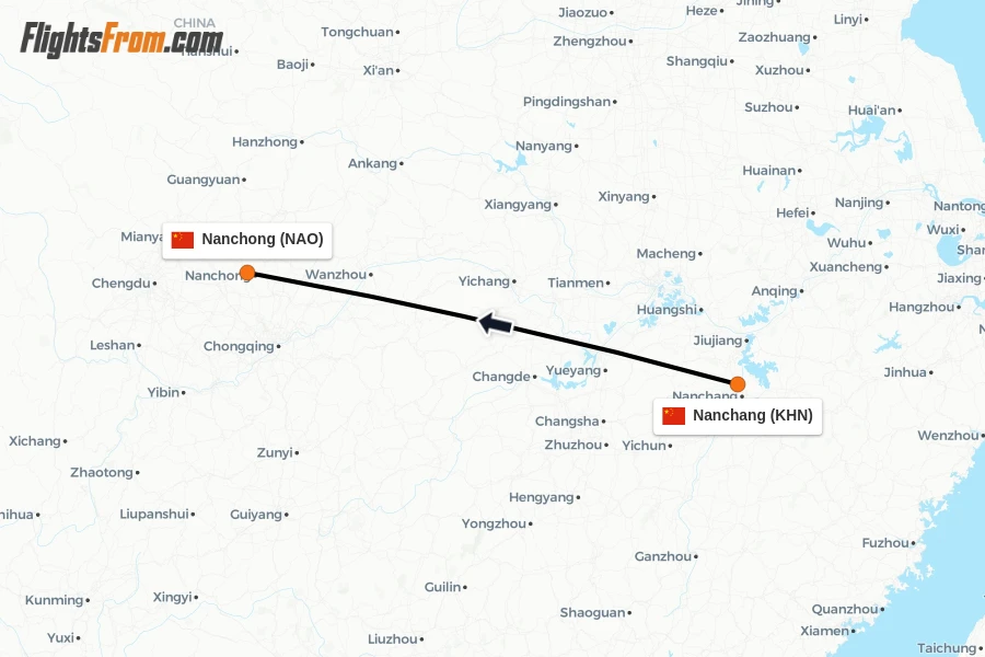 Flights from Nanchang to Nanchong route map
