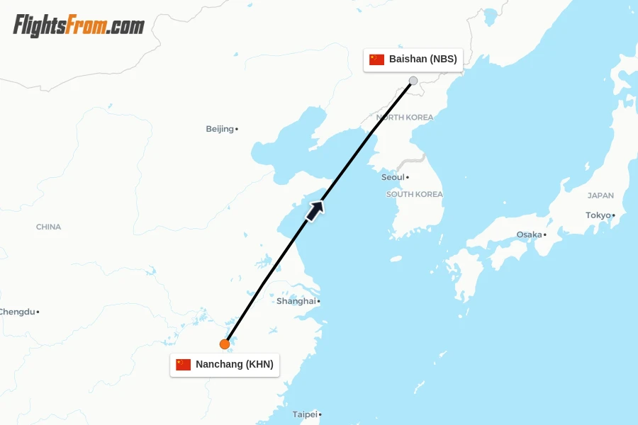 Flights from Nanchang to Baishan route map