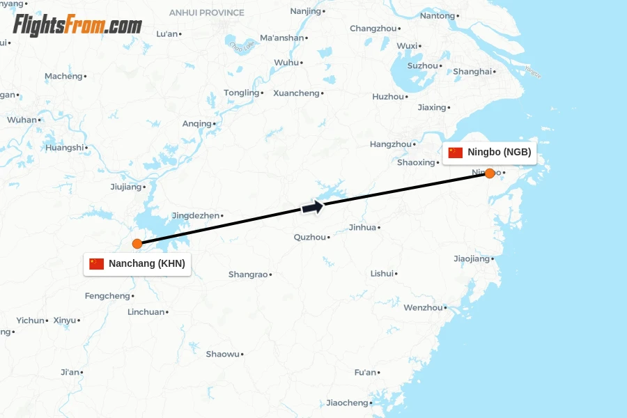 Flights from Nanchang to Ningbo route map