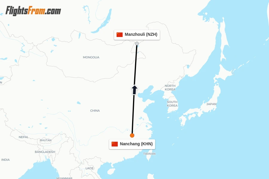 Flights from Nanchang to Manzhouli route map
