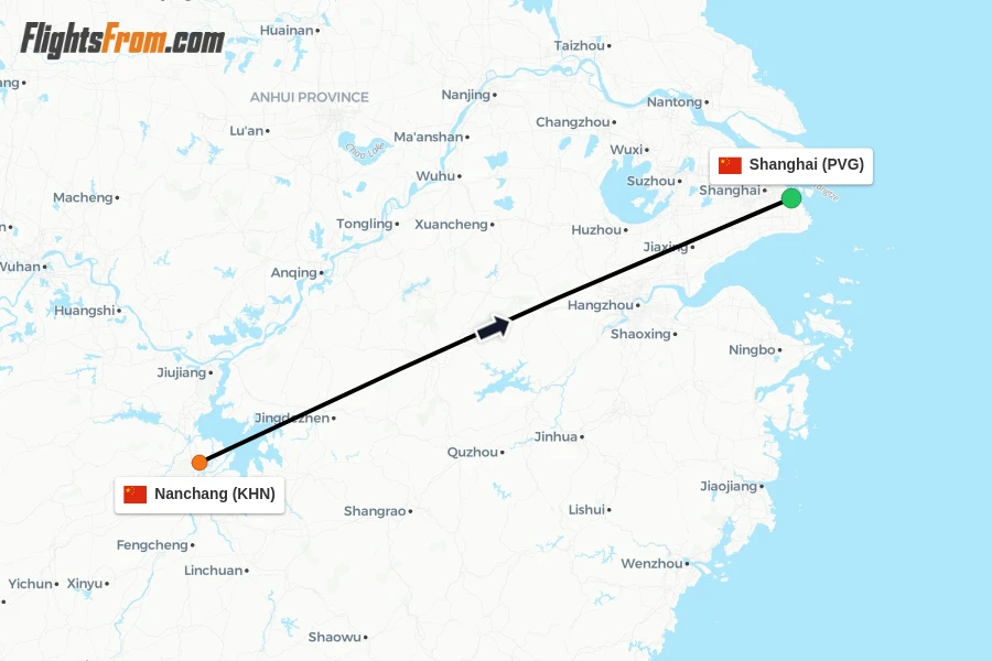 Flights from Nanchang to Shanghai route map