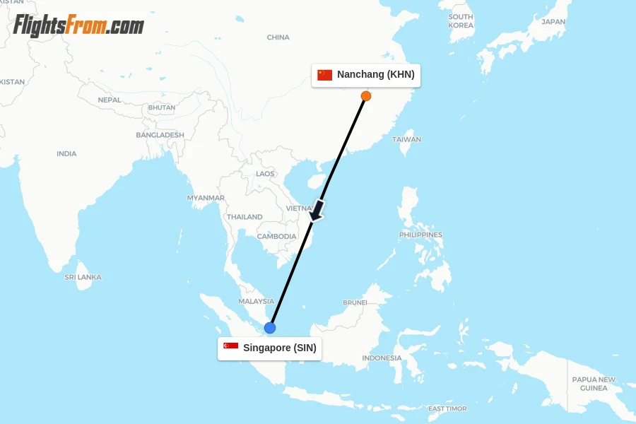 Flights from Nanchang to Singapore route map