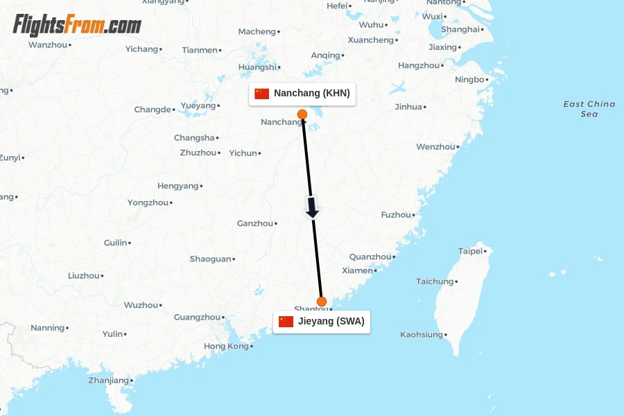 Flights from Nanchang to Jieyang route map