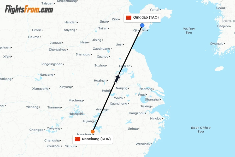 Flights from Nanchang to Qingdao route map