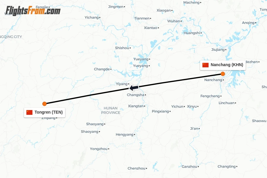 Flights from Nanchang to Tongren route map