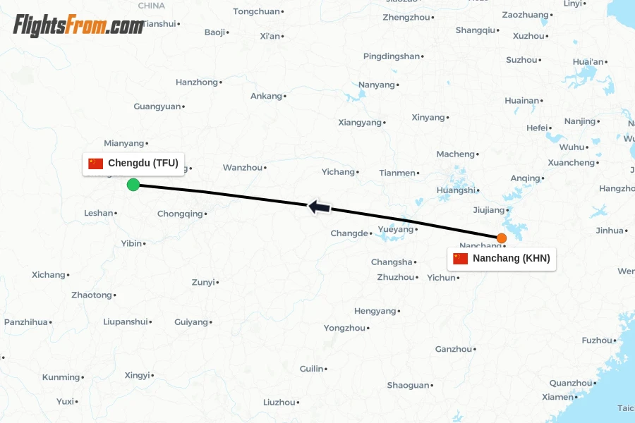 Flights from Nanchang to Chengdu route map