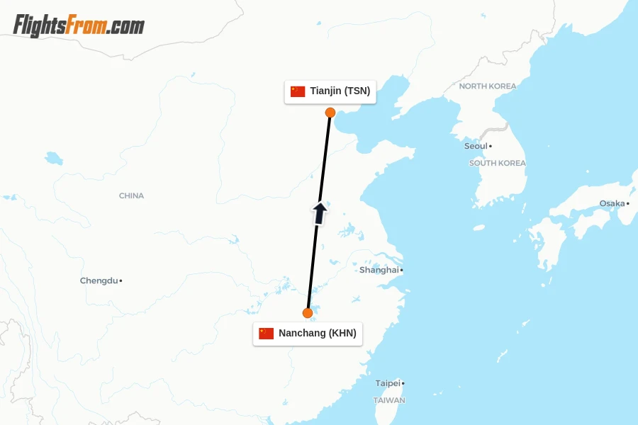 Flights from Nanchang to Tianjin route map