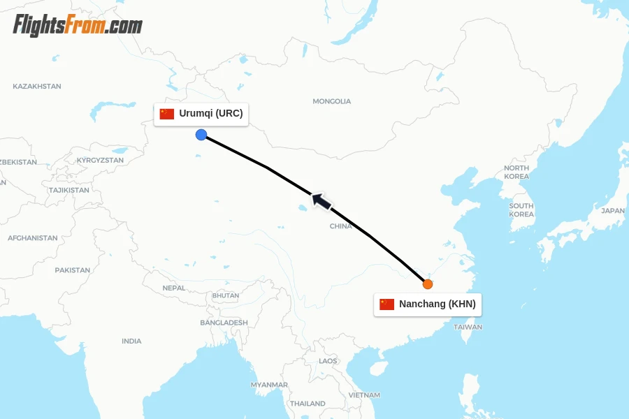 Flights from Nanchang to Urumqi route map