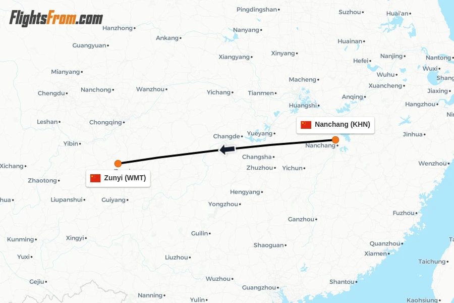 Flights from Nanchang to Zunyi route map