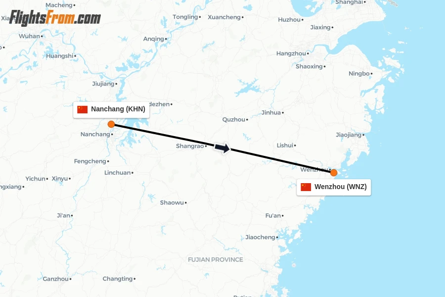 Flights from Nanchang to Wenzhou route map