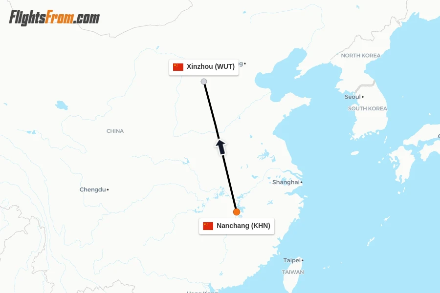 Flights from Nanchang to Xinzhou route map