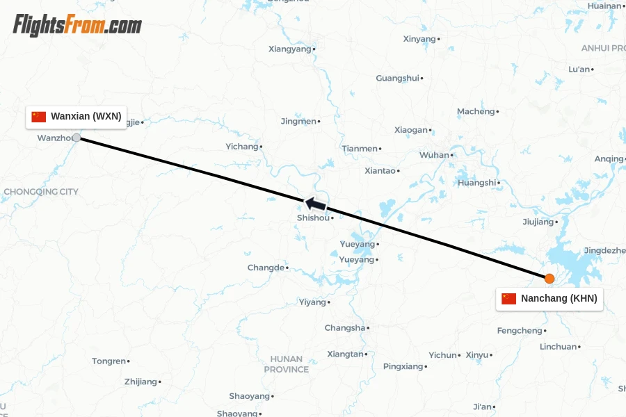 Flights from Nanchang to Wanxian route map