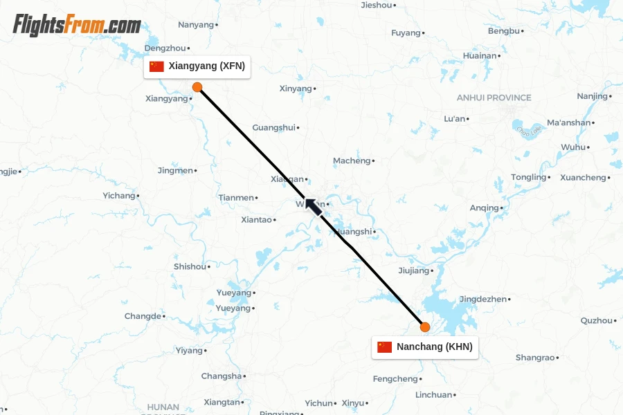 Flights from Nanchang to Xiangyang route map