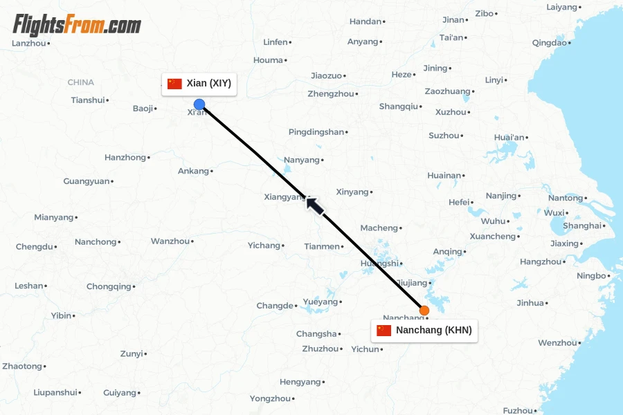 Flights from Nanchang to Xian route map