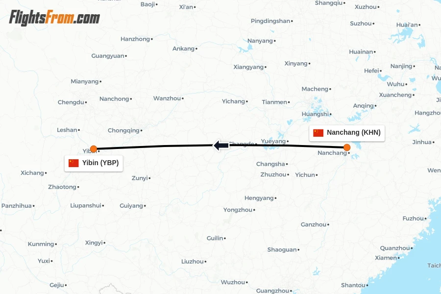 Flights from Nanchang to Yibin route map