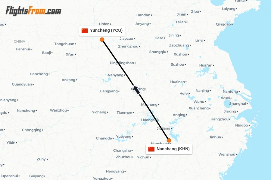 Flights from Nanchang to Yuncheng route map