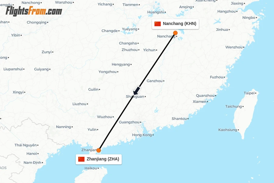 Flights from Nanchang to Zhanjiang route map