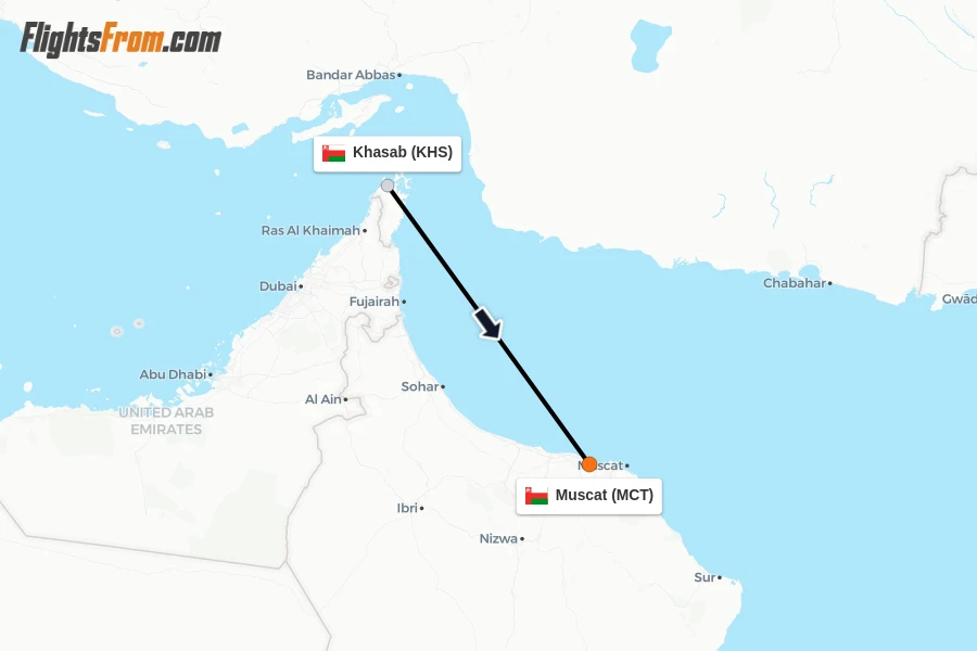 Flights from Khasab to Muscat route map