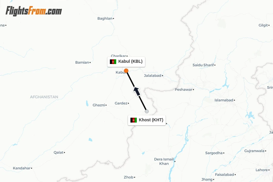 Flights from Khost to Kabul route map