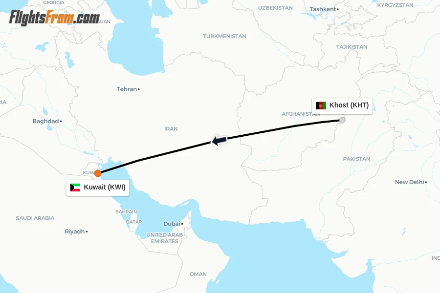 Flights from Khost to Kuwait route map