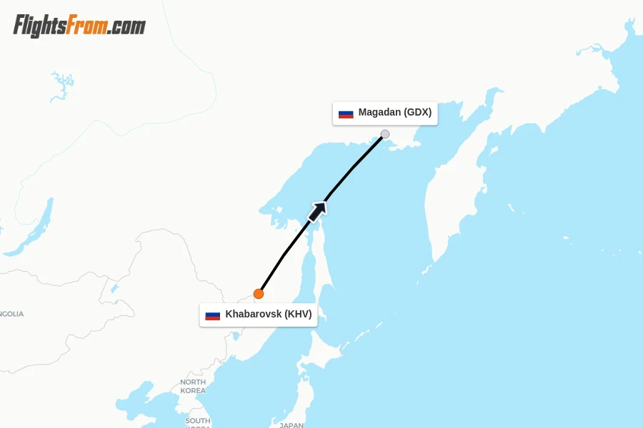 Flights from Khabarovsk to Magadan route map
