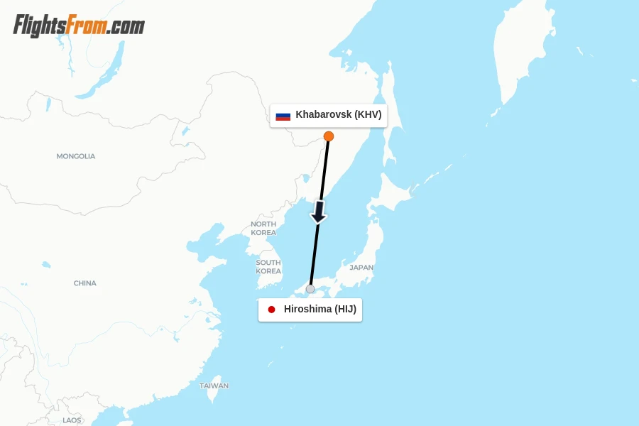 Flights from Khabarovsk to Hiroshima route map
