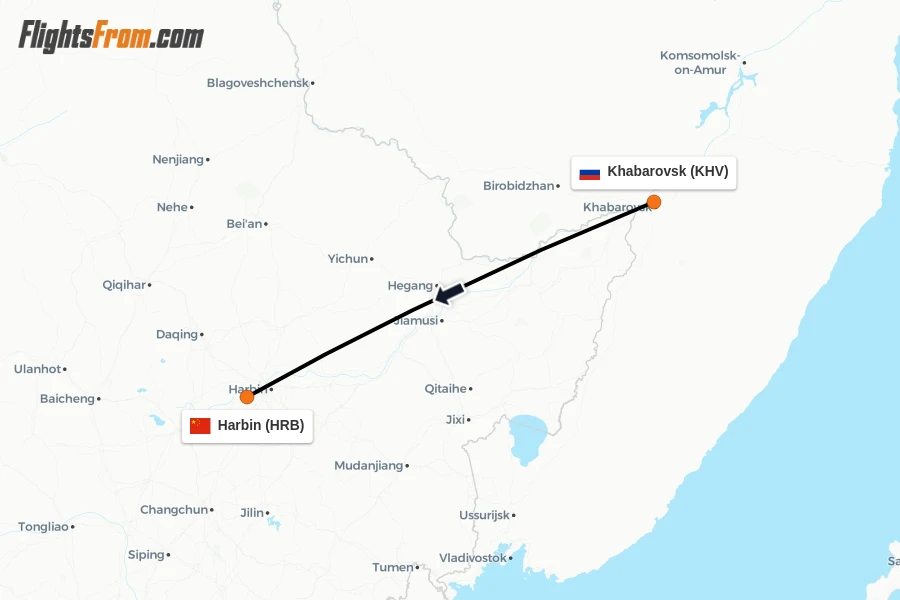 Flights from Khabarovsk to Harbin route map