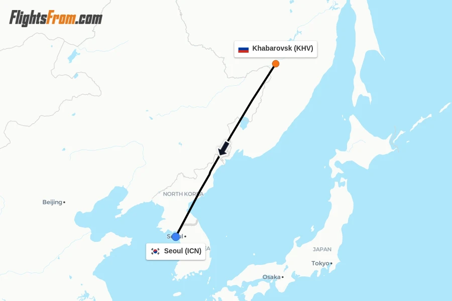 Flights from Khabarovsk to Seoul route map
